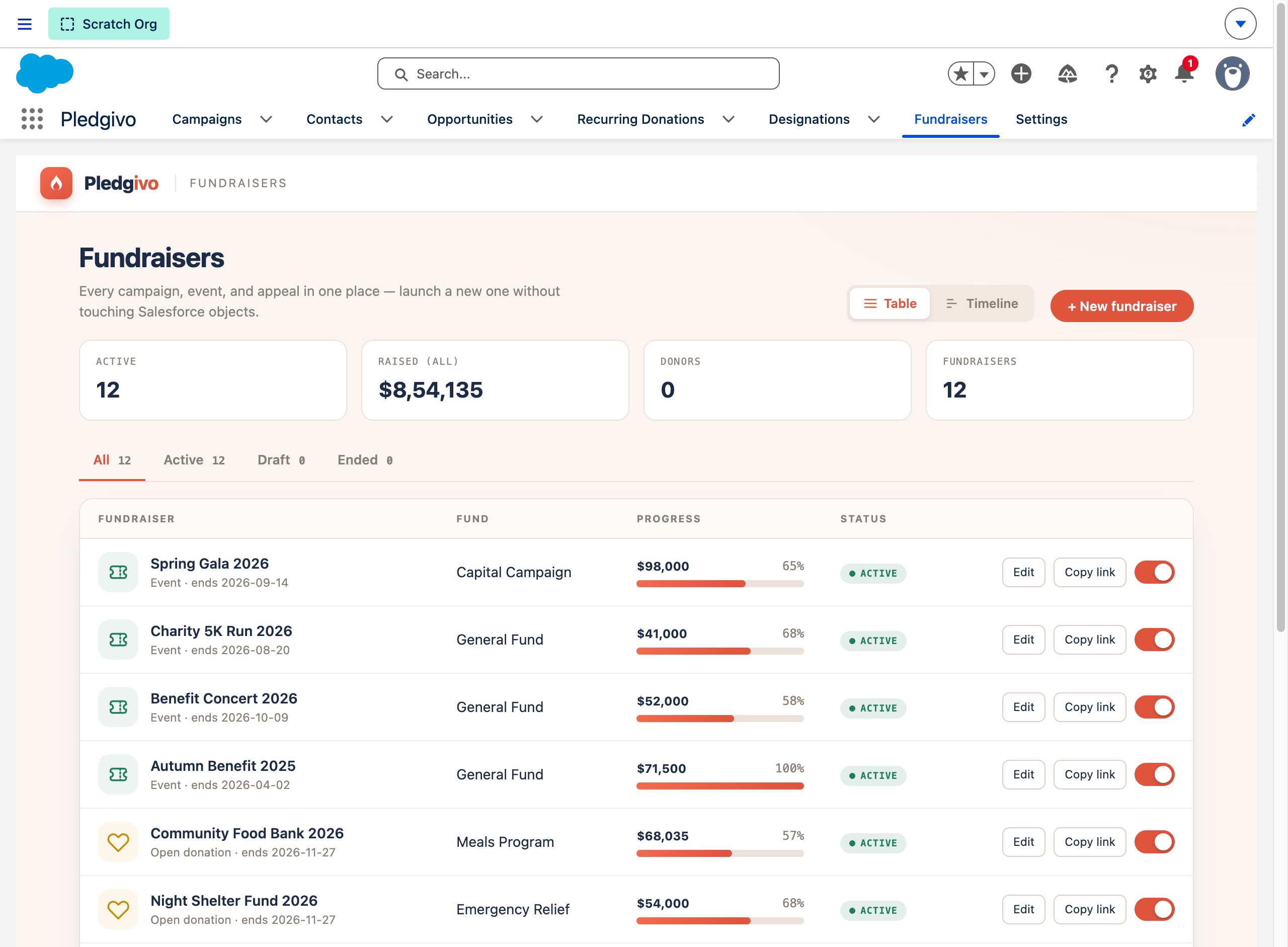Fundraisers console listing every campaign, event, and appeal