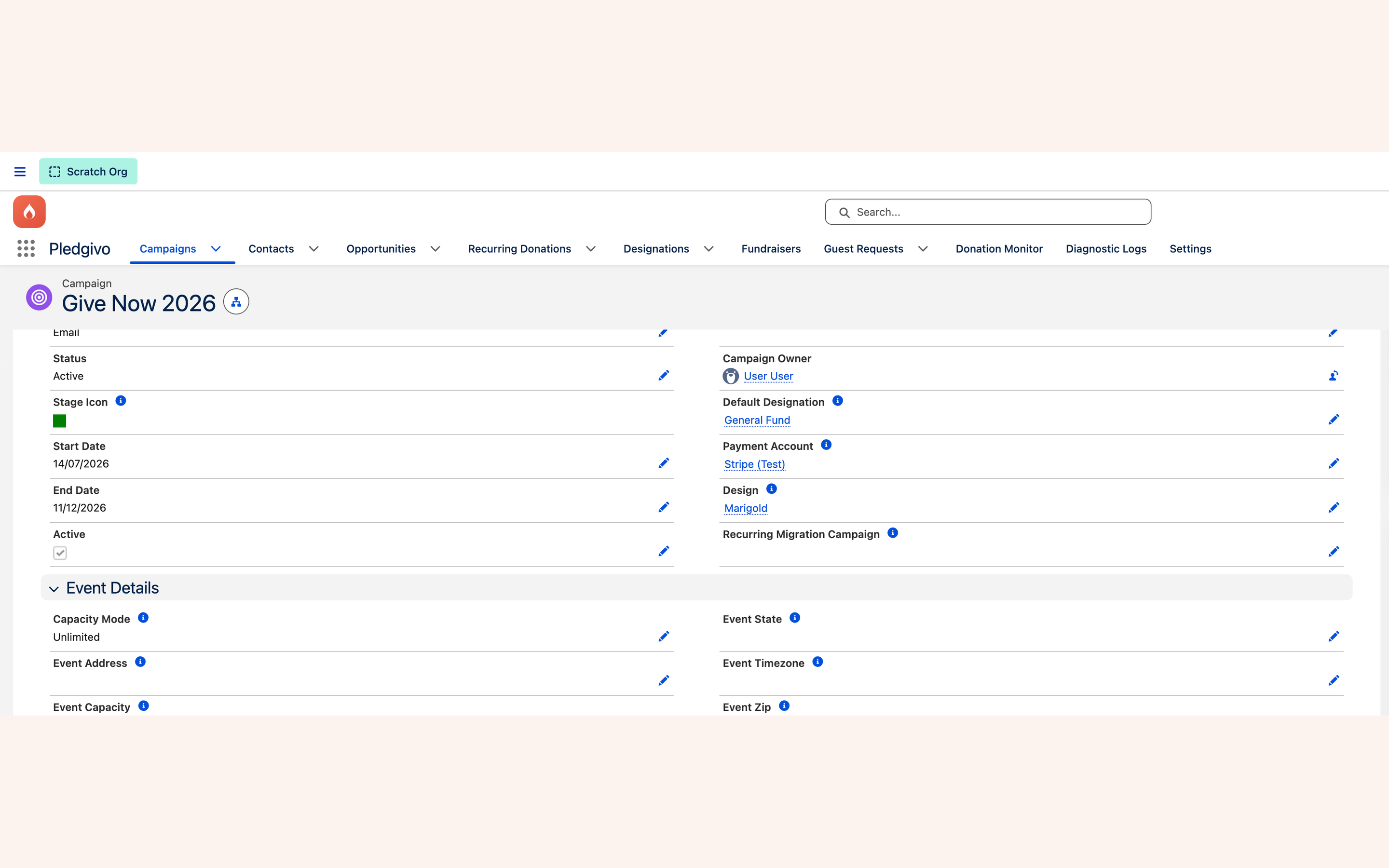 Campaign record page for Give Now 2026 showing Status, dates, Default Designation, Payment Account and Design