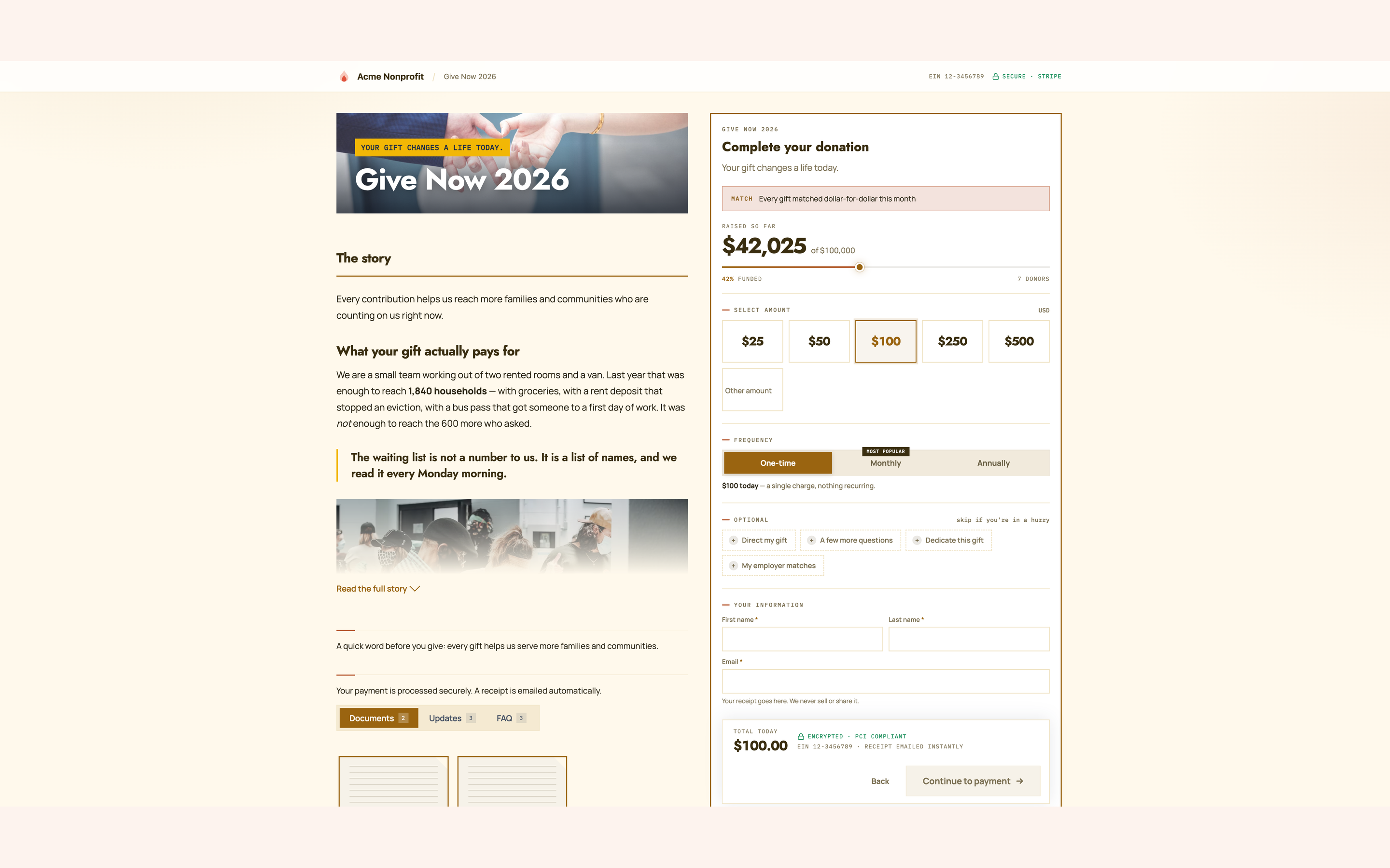 Public donation page for Give Now 2026 with $100 selected