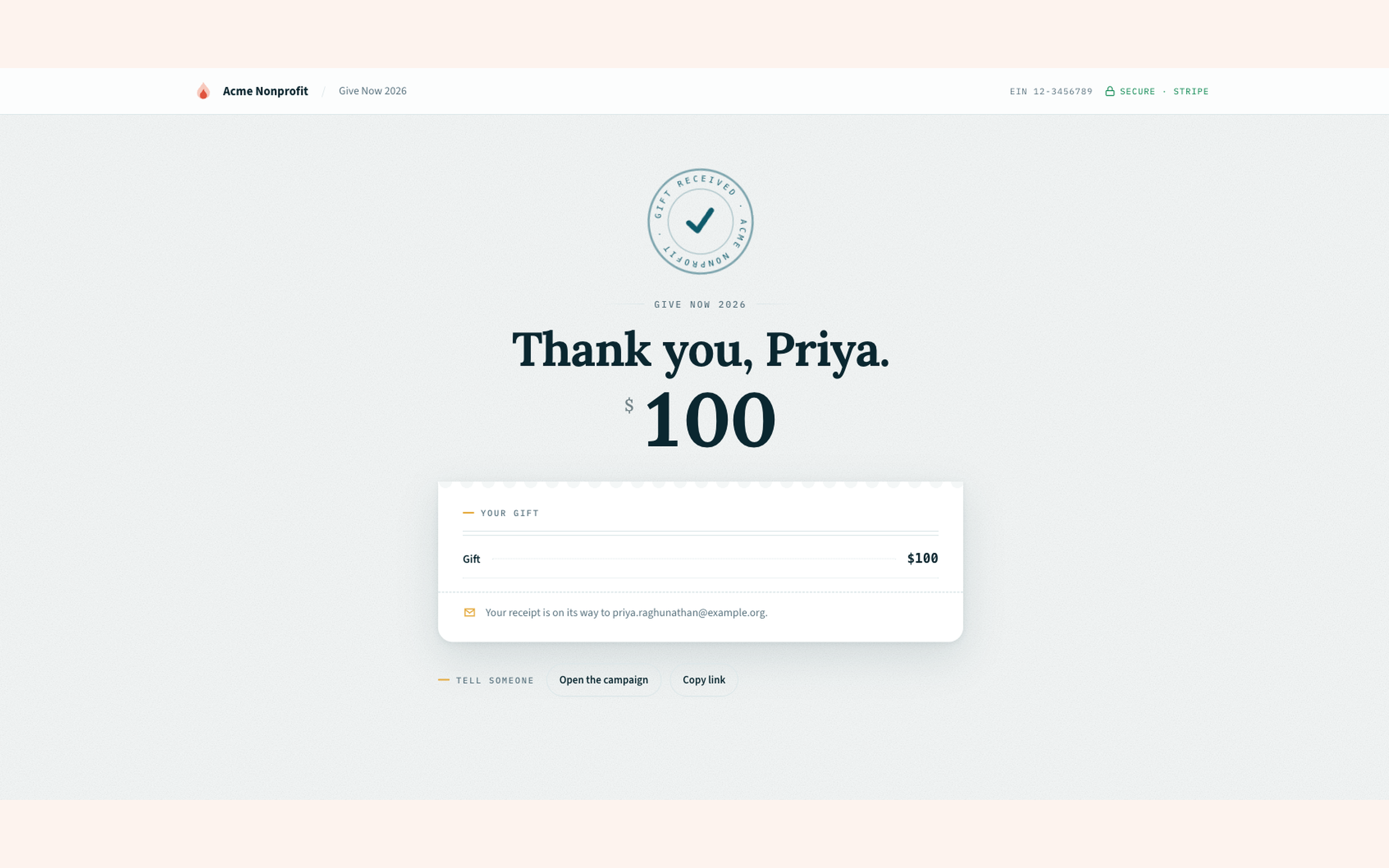 Thank-you page confirming a $100 gift