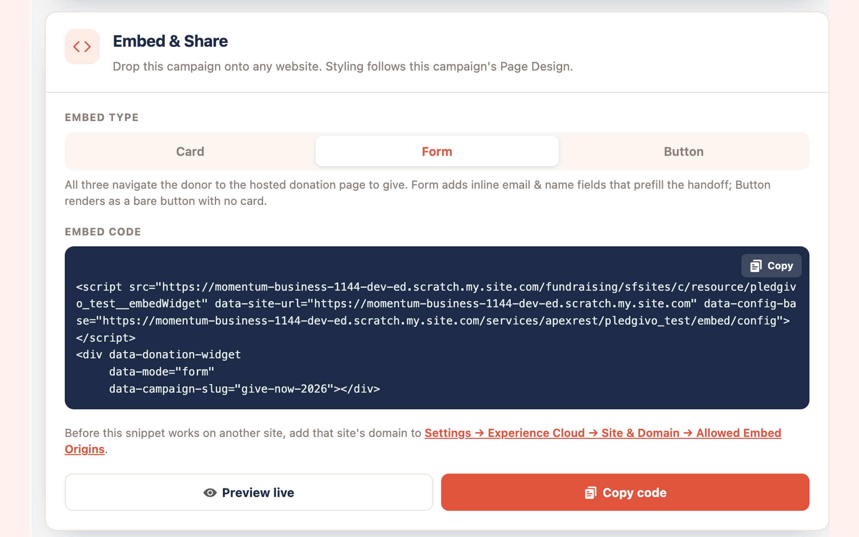 Embed and Share panel on a Campaign record with the Form mode selected and its snippet