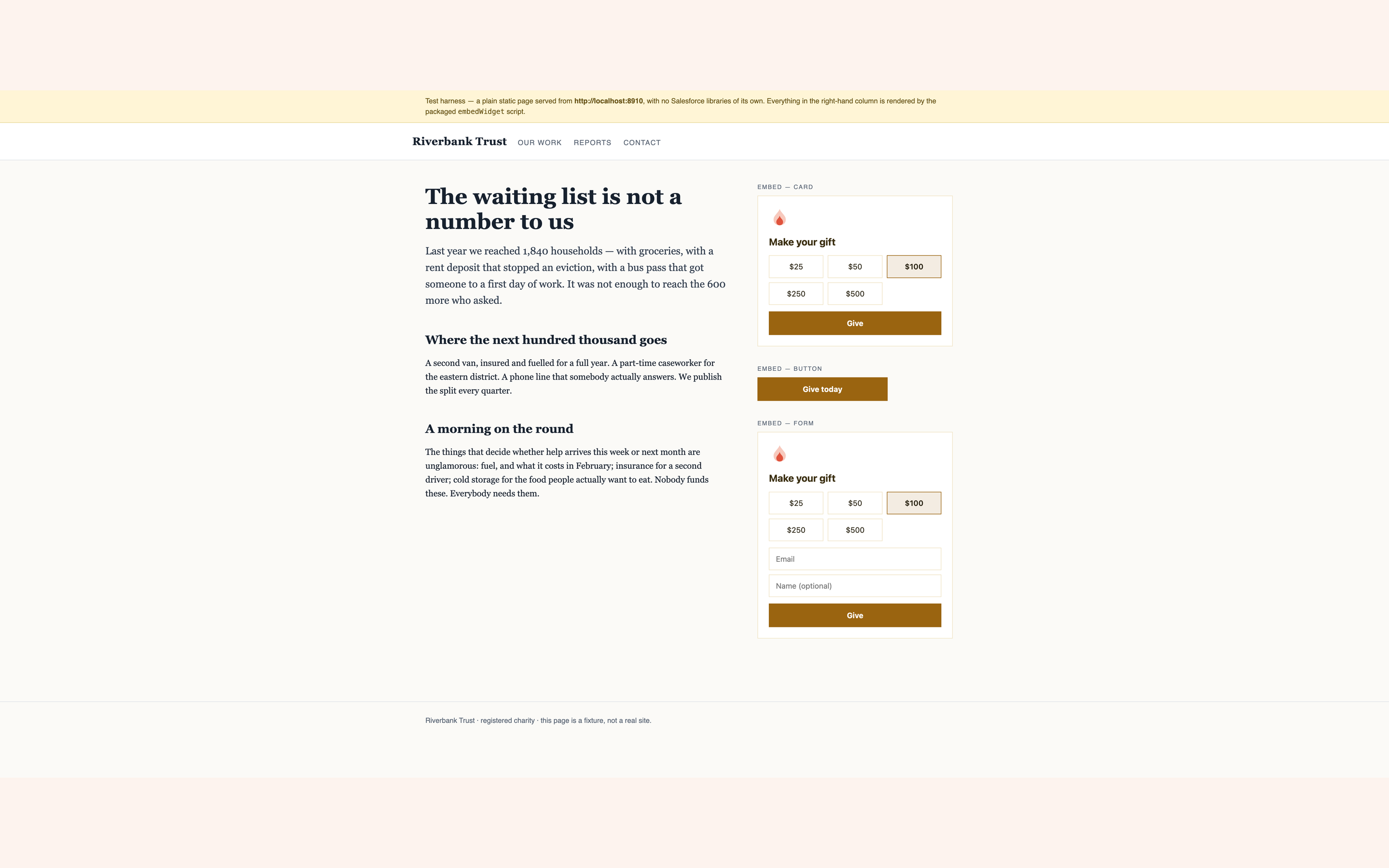 An external website showing the card, button and form embed modes side by side