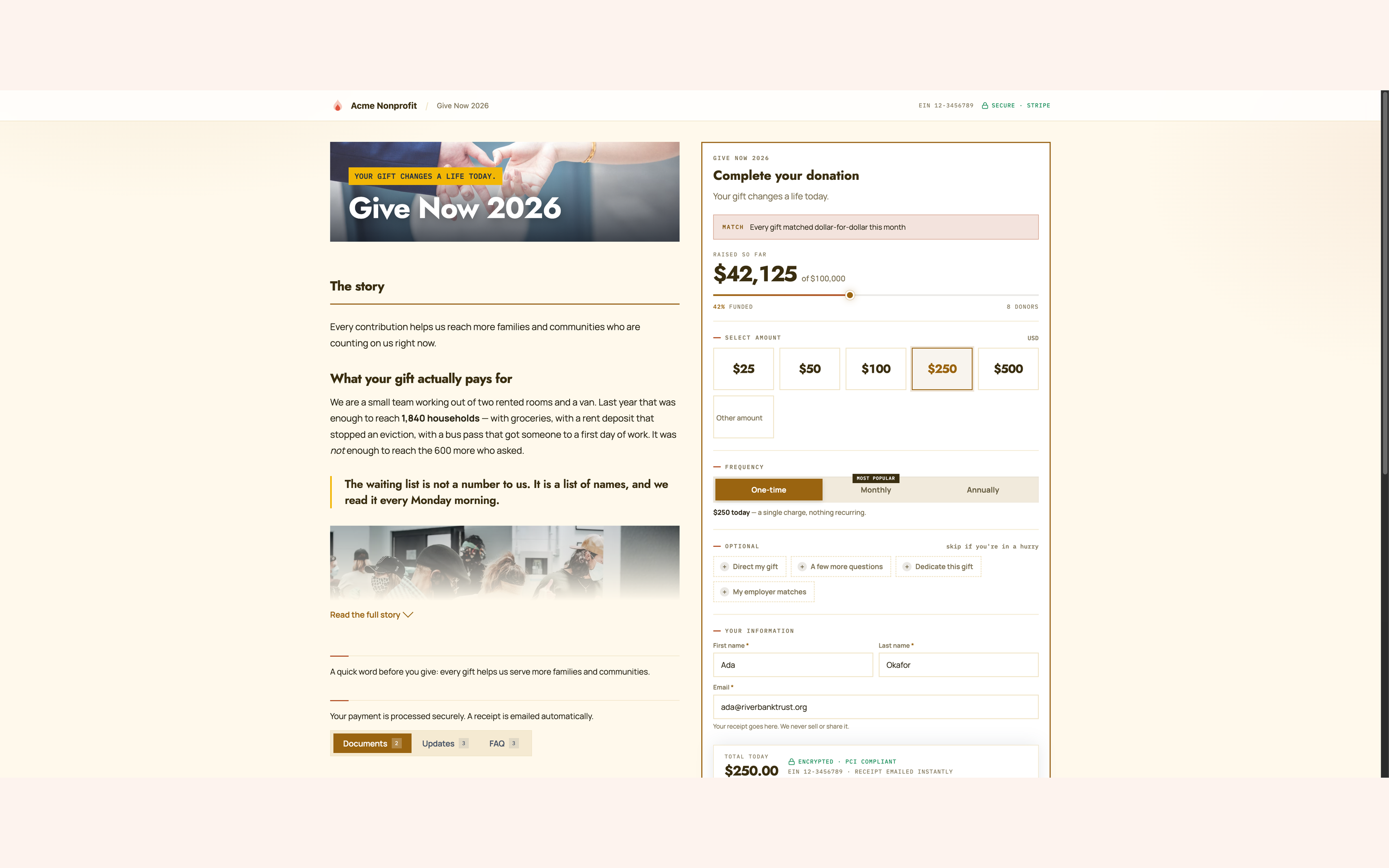 The hosted donation page opened from the embed with amount, name and email already filled in