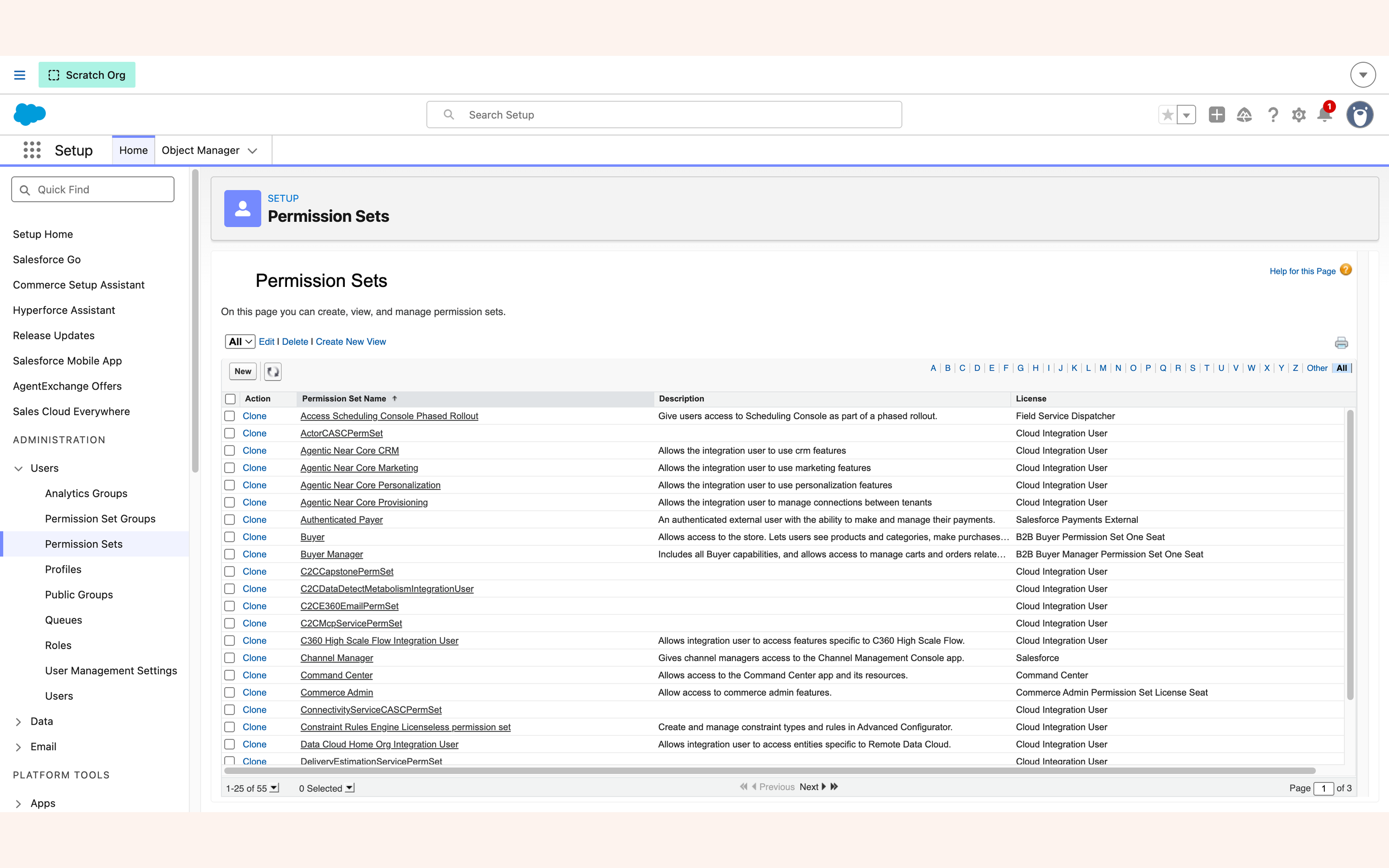 Setup Permission Sets list showing the packaged Fundraising sets
