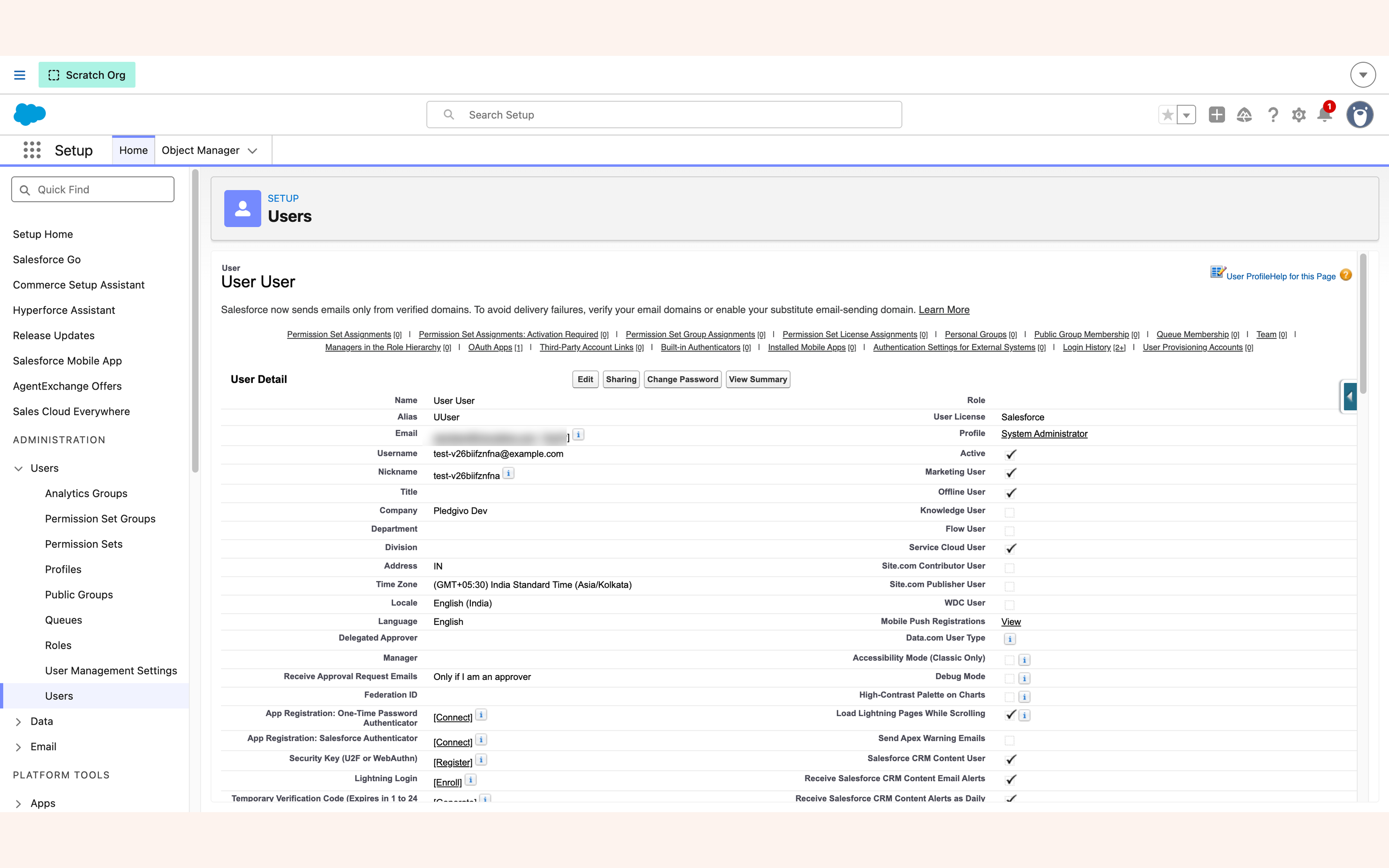 A user detail page with the Permission Set Assignments related list showing no assignments