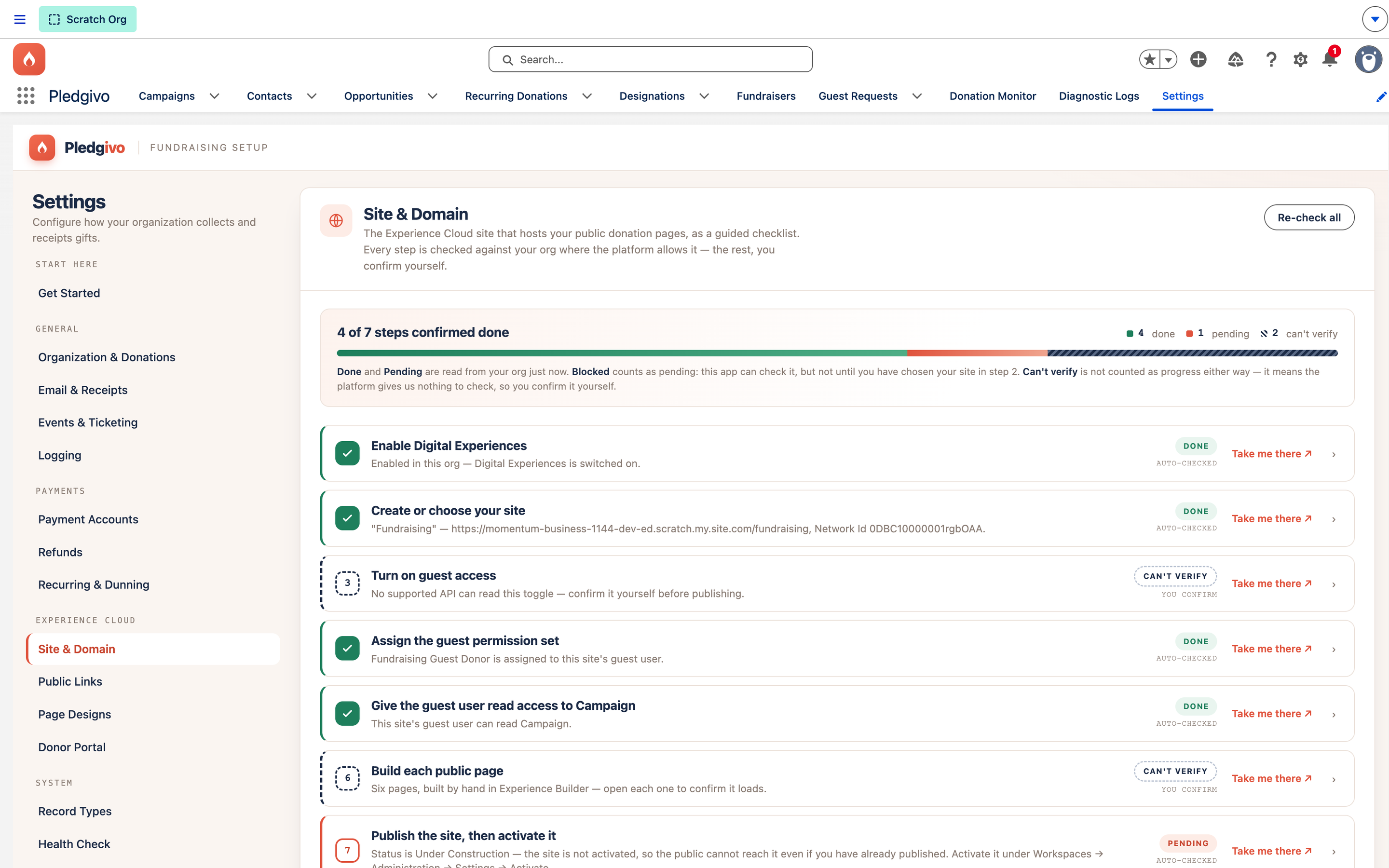 Site and Domain panel header with its progress counter and first steps