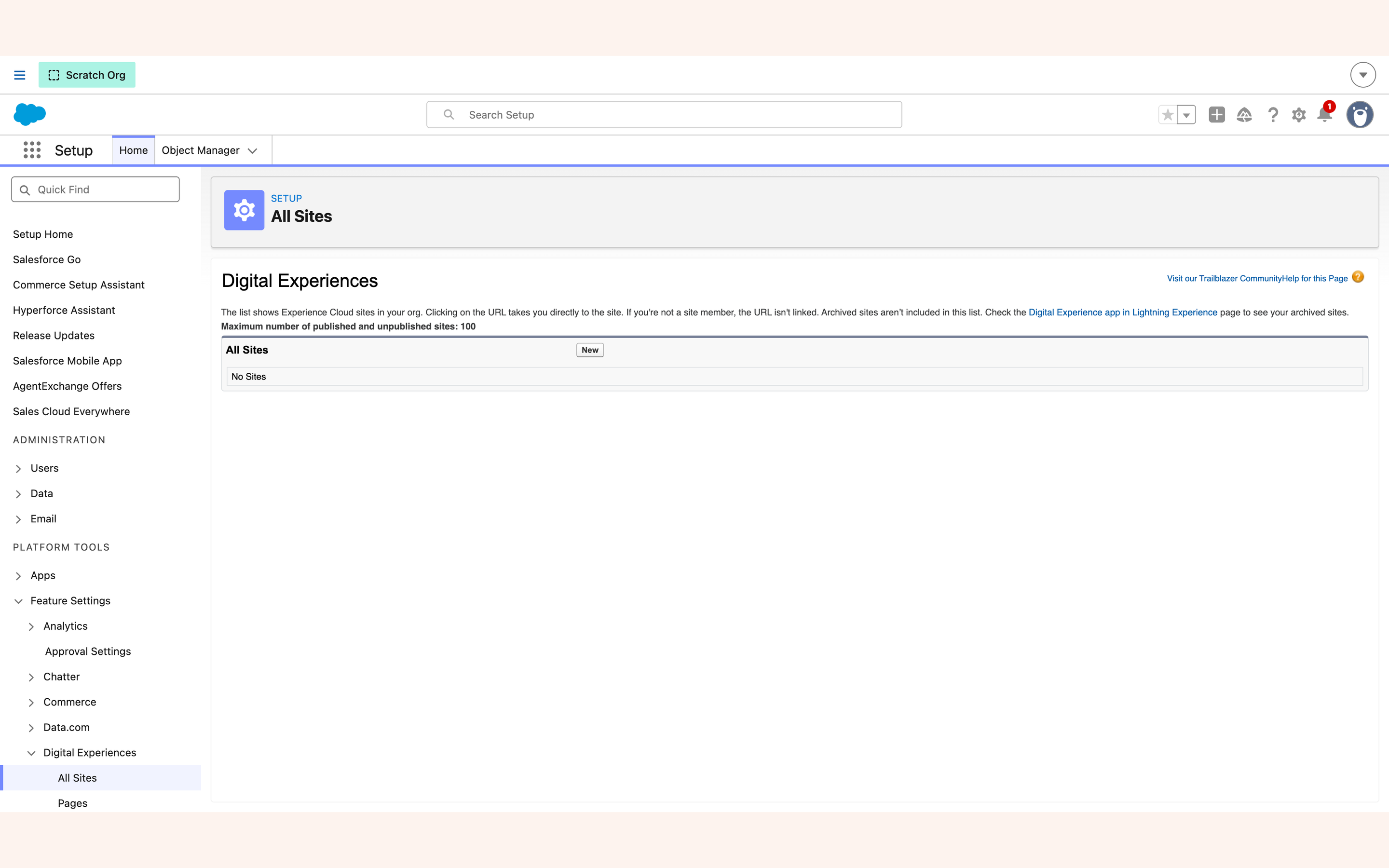 Setup All Sites page with the New button