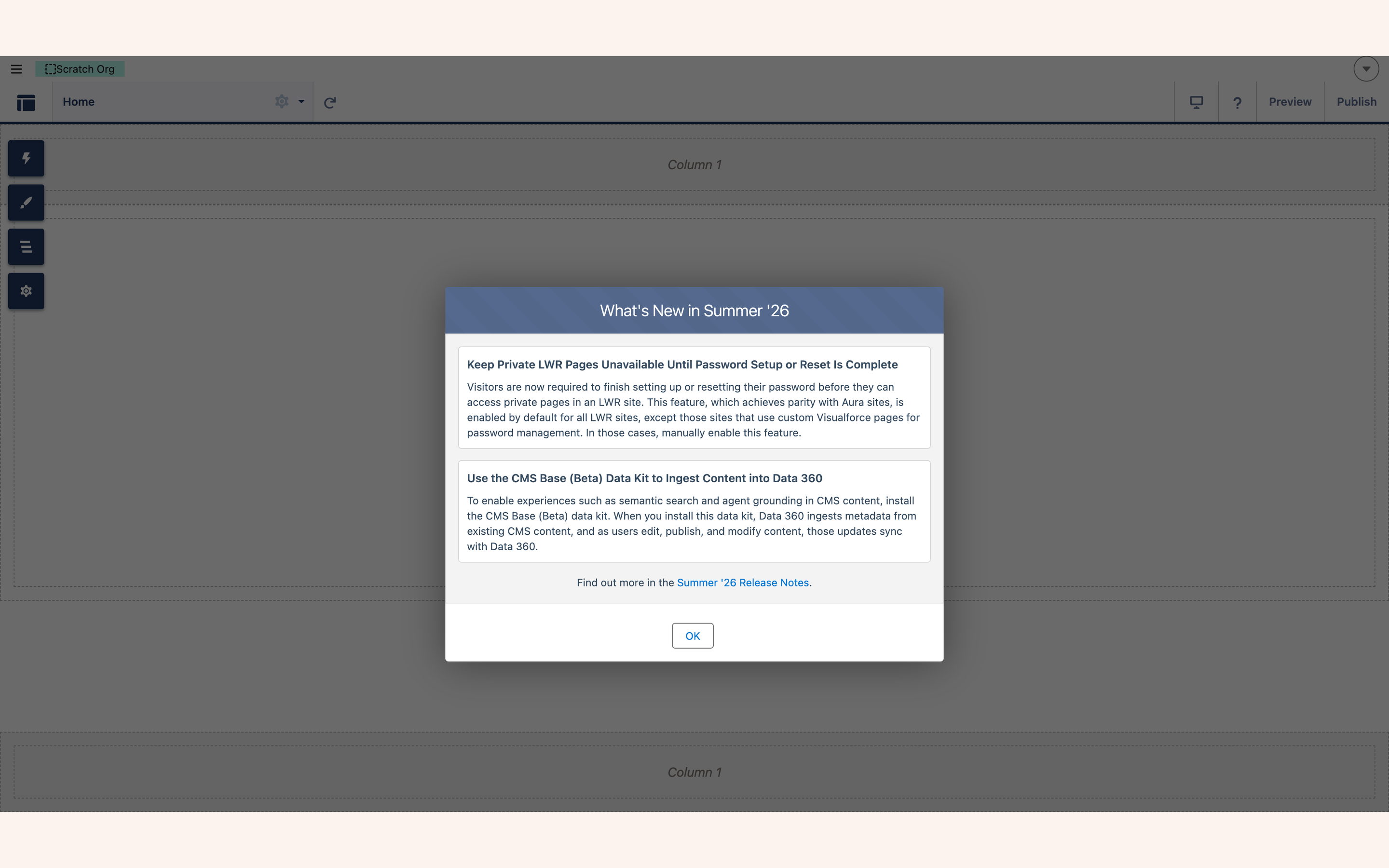Experience Builder open on the new site
