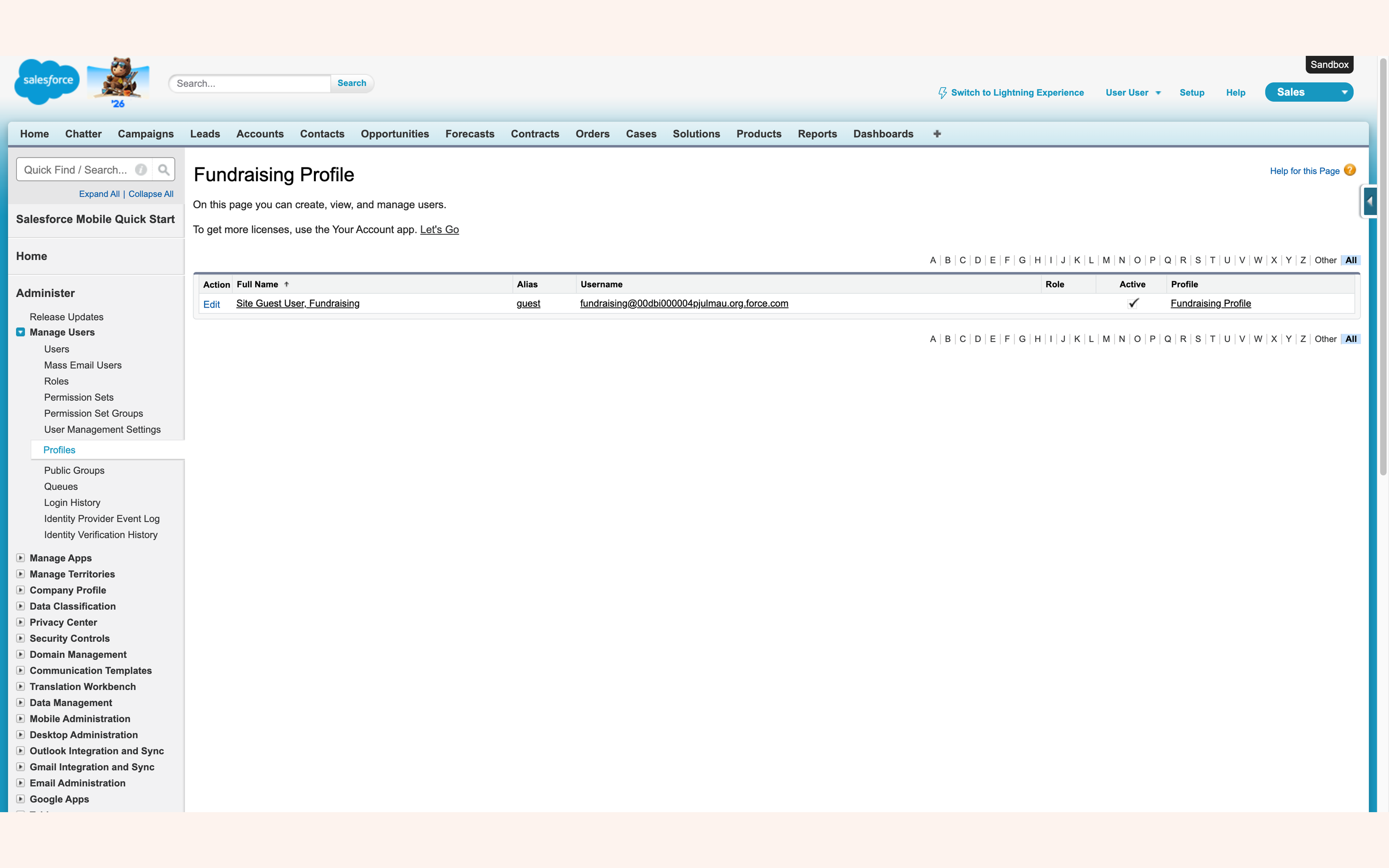 The site guest user record reached through Public Access Settings