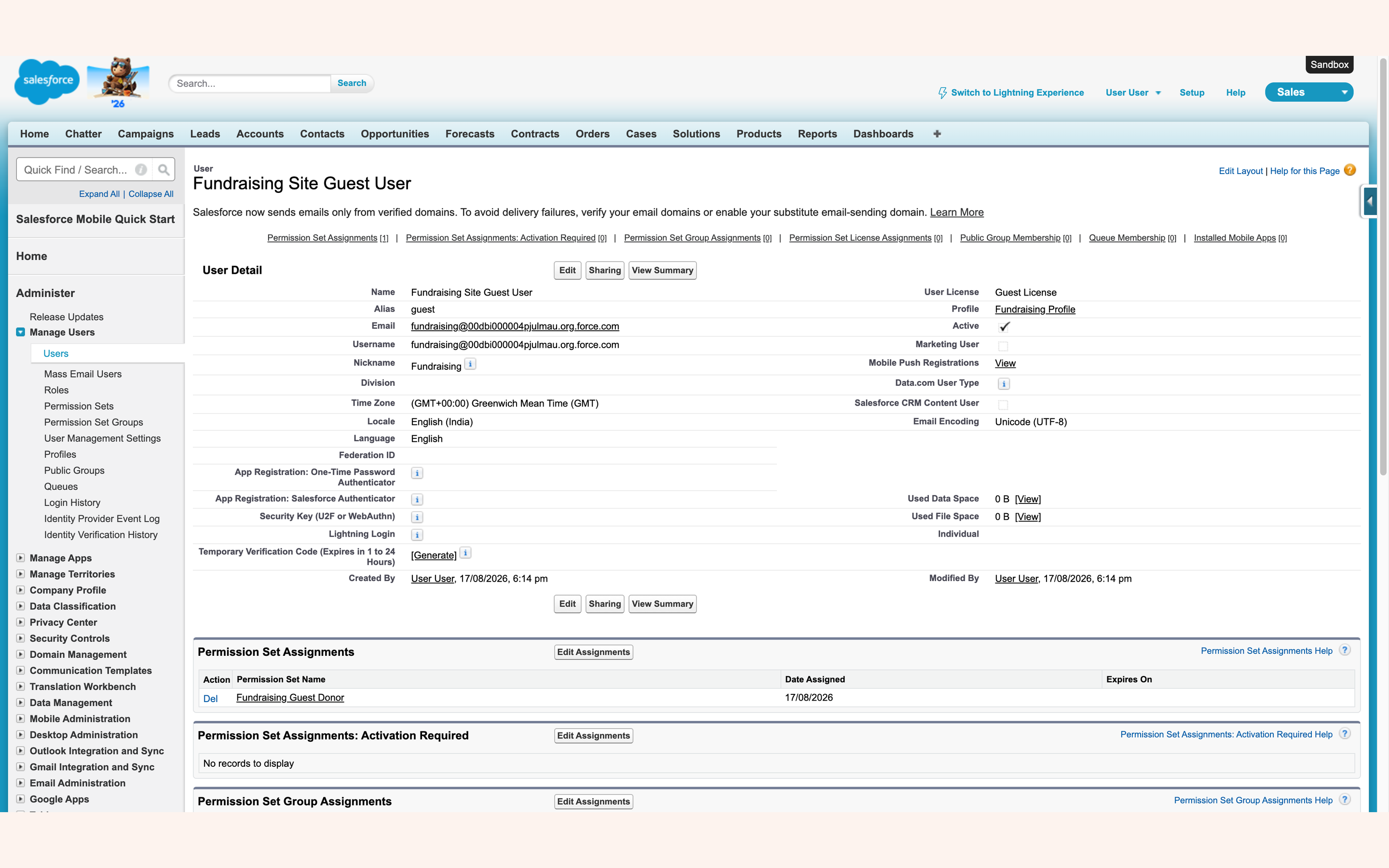 The guest user holding the packaged Fundraising Guest Donor permission set
