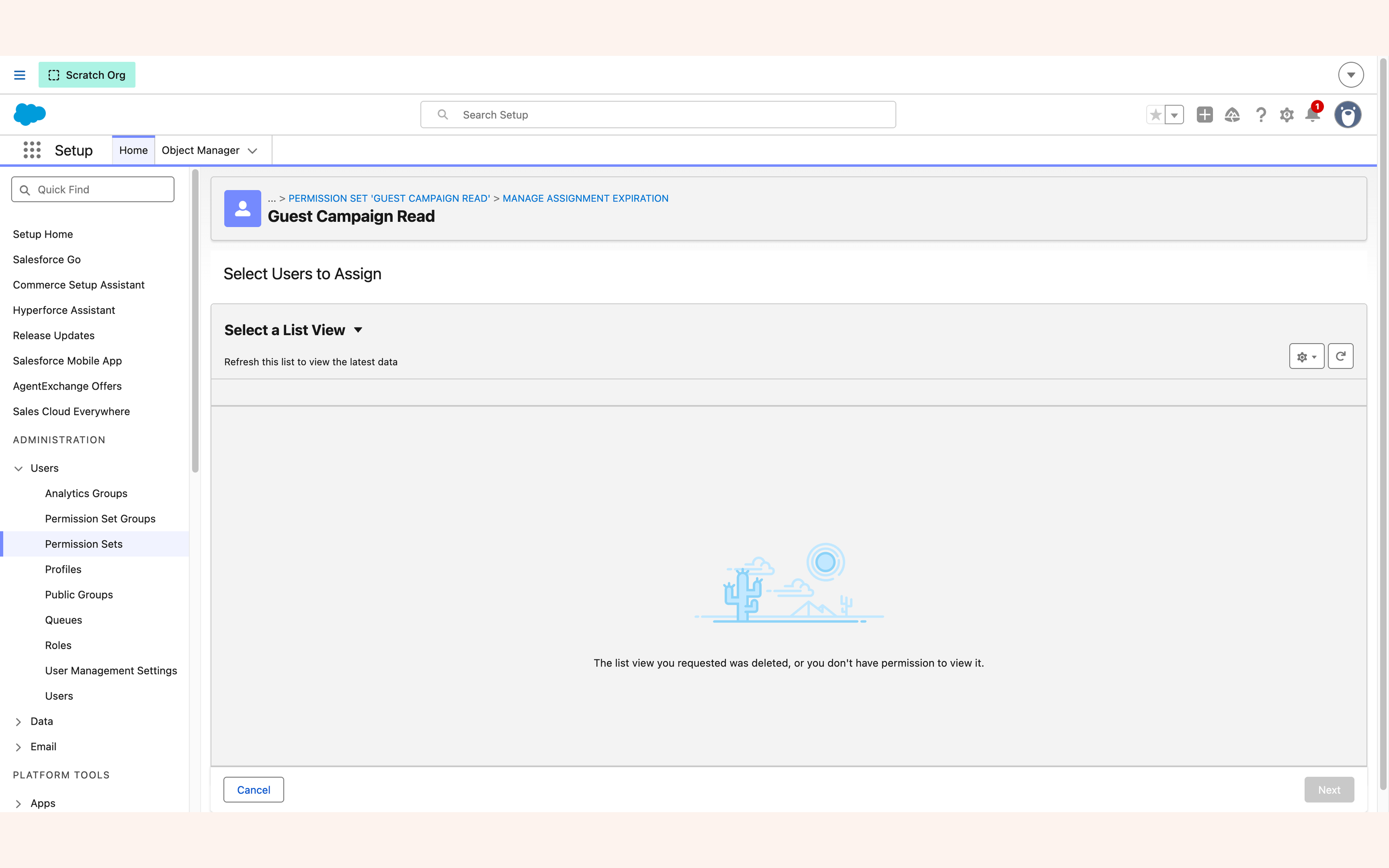 Select Users to Assign screen showing a list view error banner