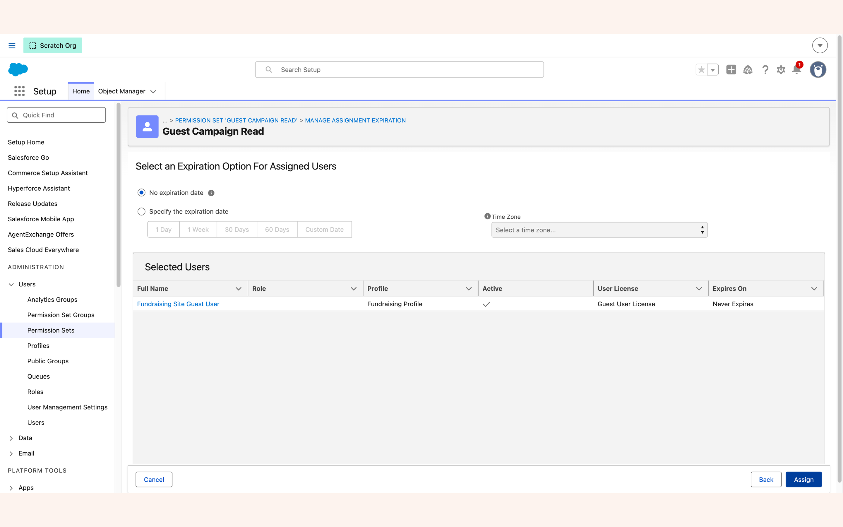 Select an expiration option for assigned users