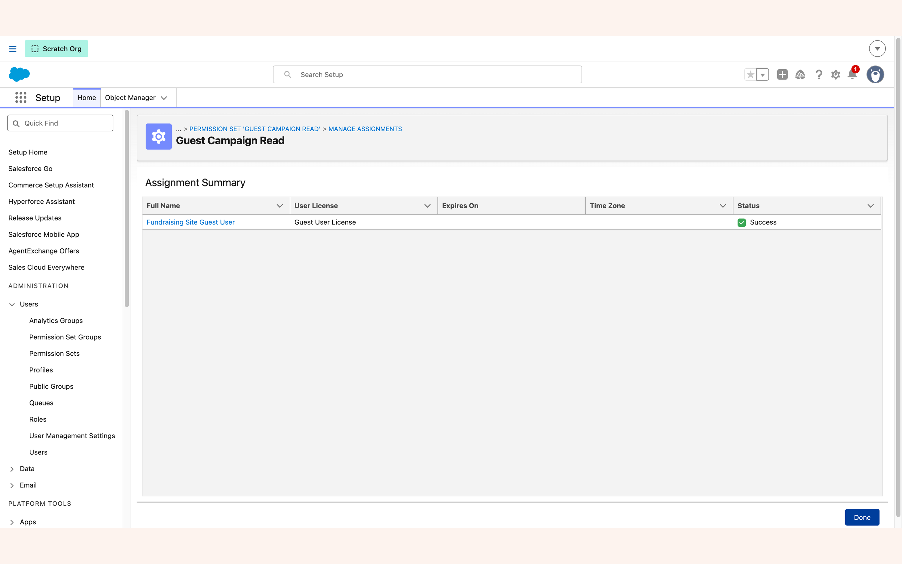 Assignment result showing the guest user, Guest User License, Success