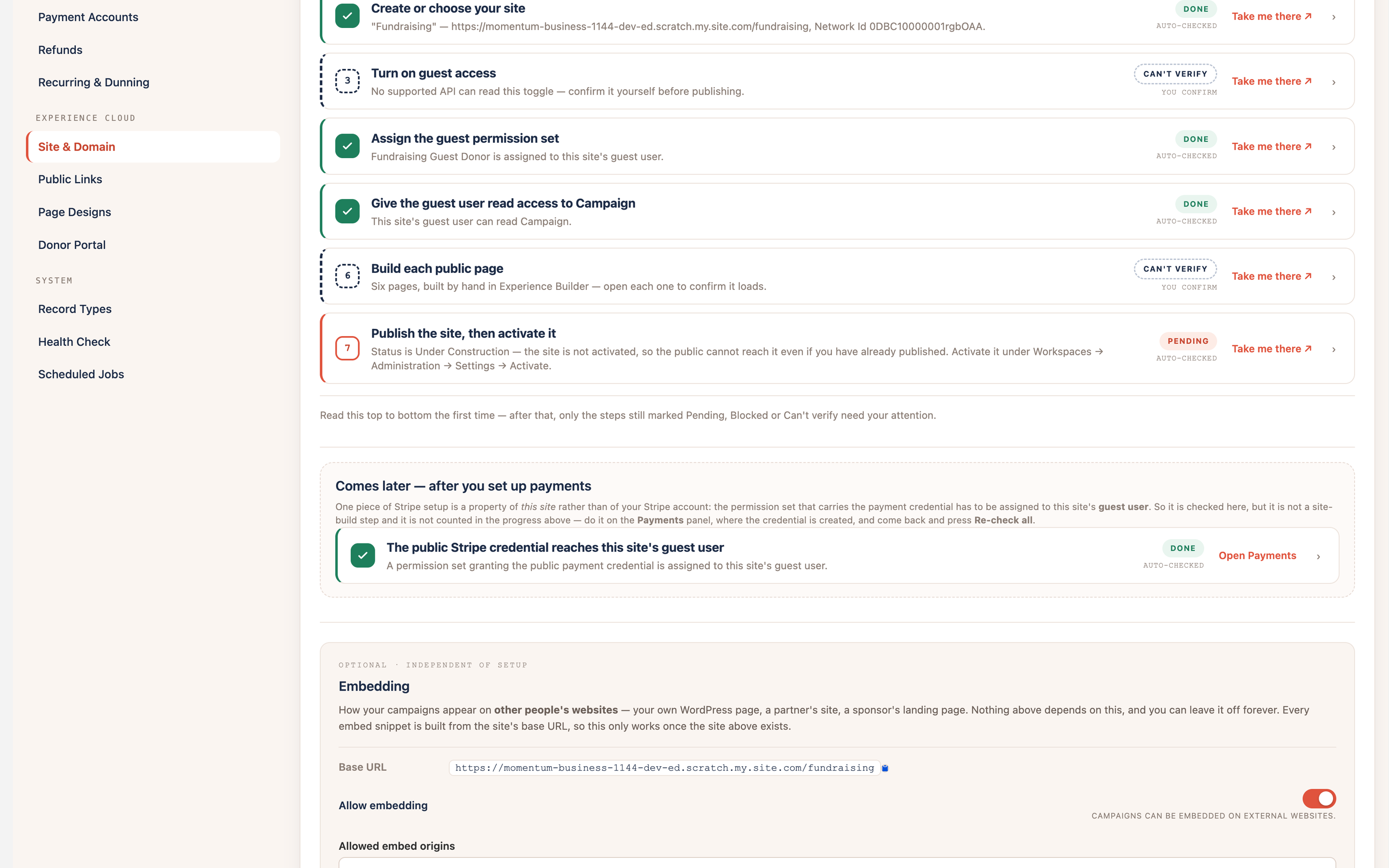 Site and Domain steps 1 through 7 with their statuses after the guest user work