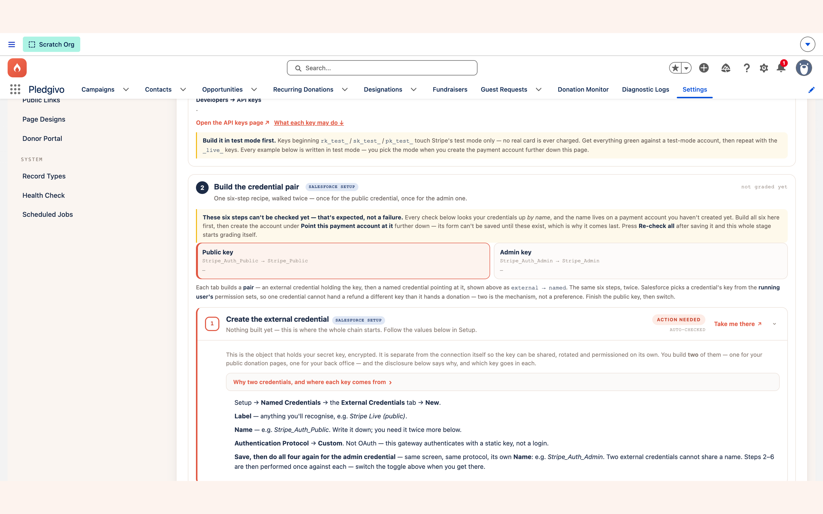 Callout explaining that stage 2 cannot be graded until a payment account names the credential