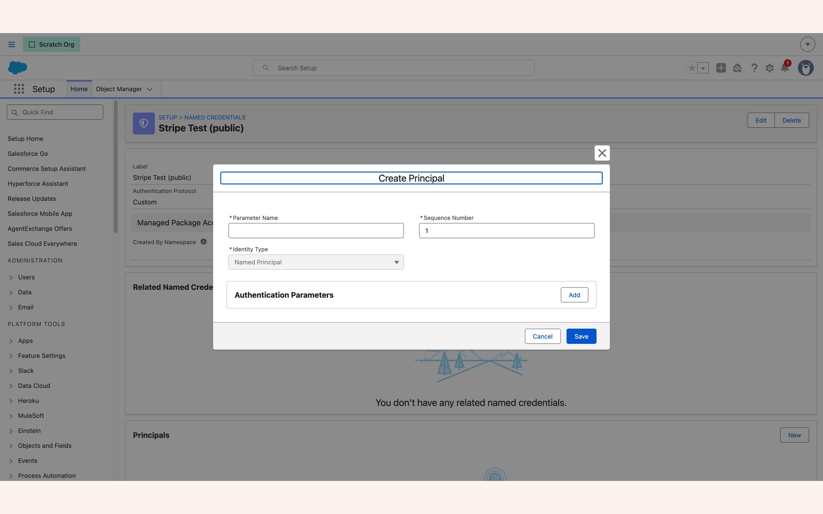 Create Principal modal with parameter name, sequence number and identity type