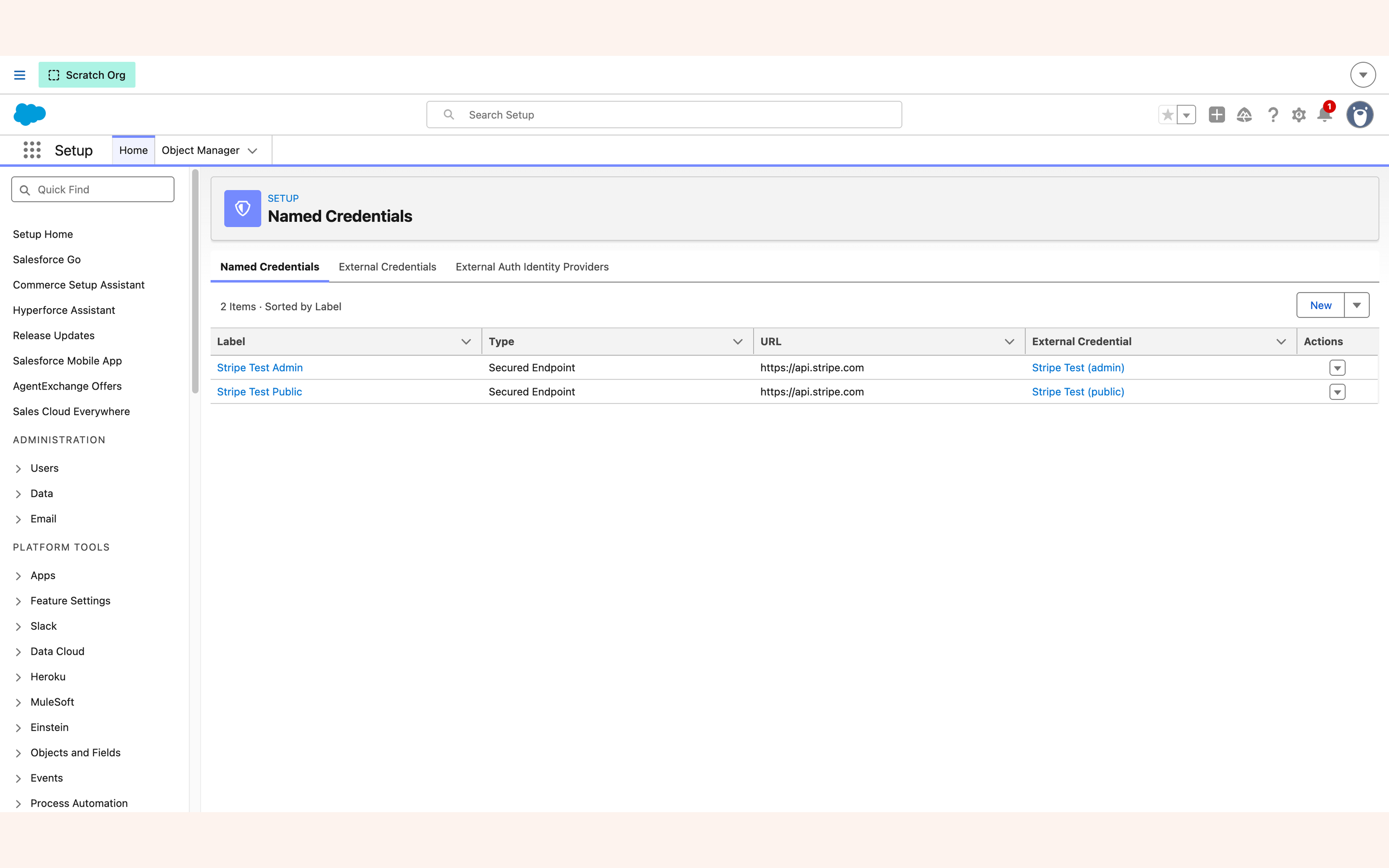 Setup Named Credentials list showing both Stripe credentials