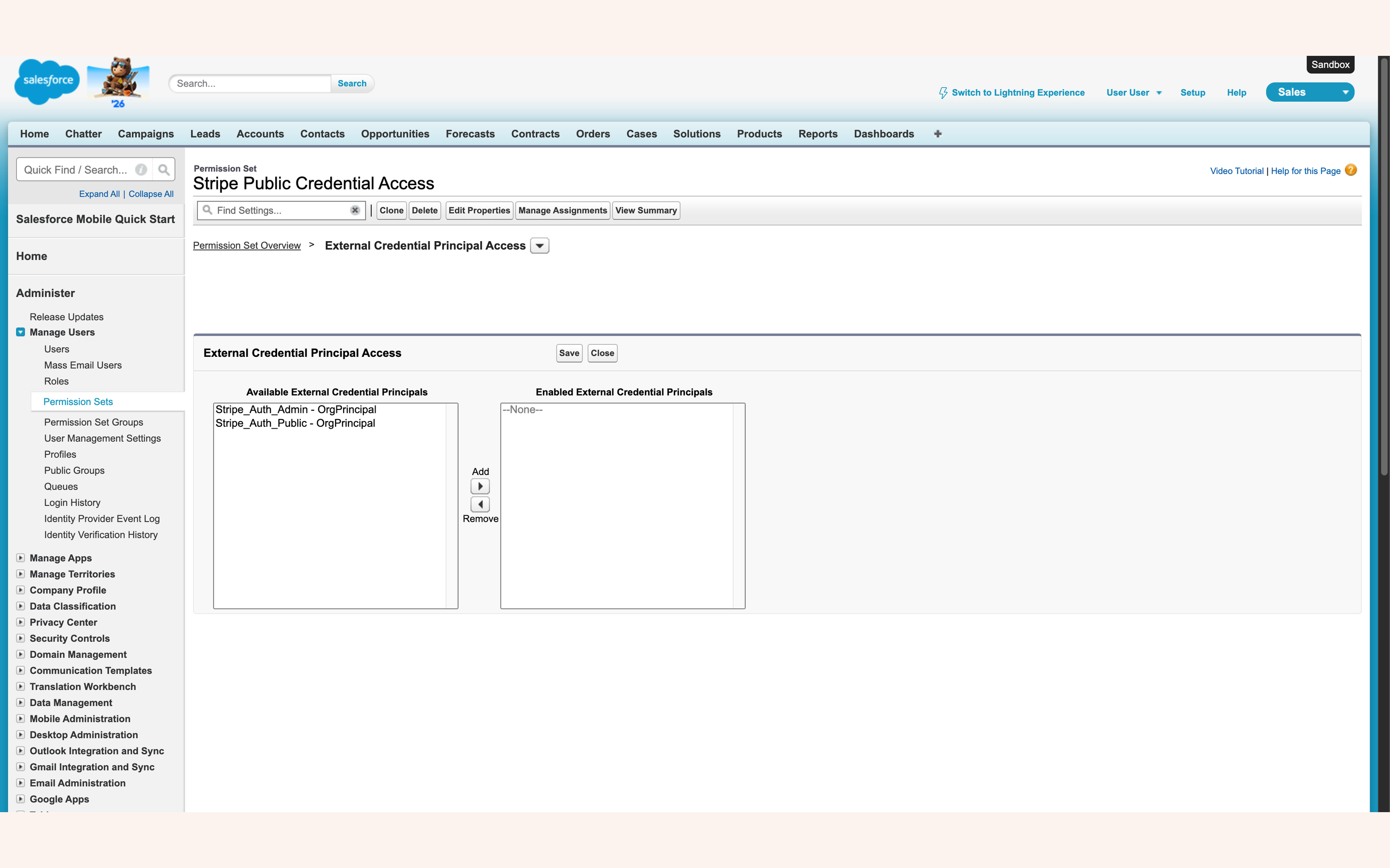 External Credential Principal Access page listing both principals
