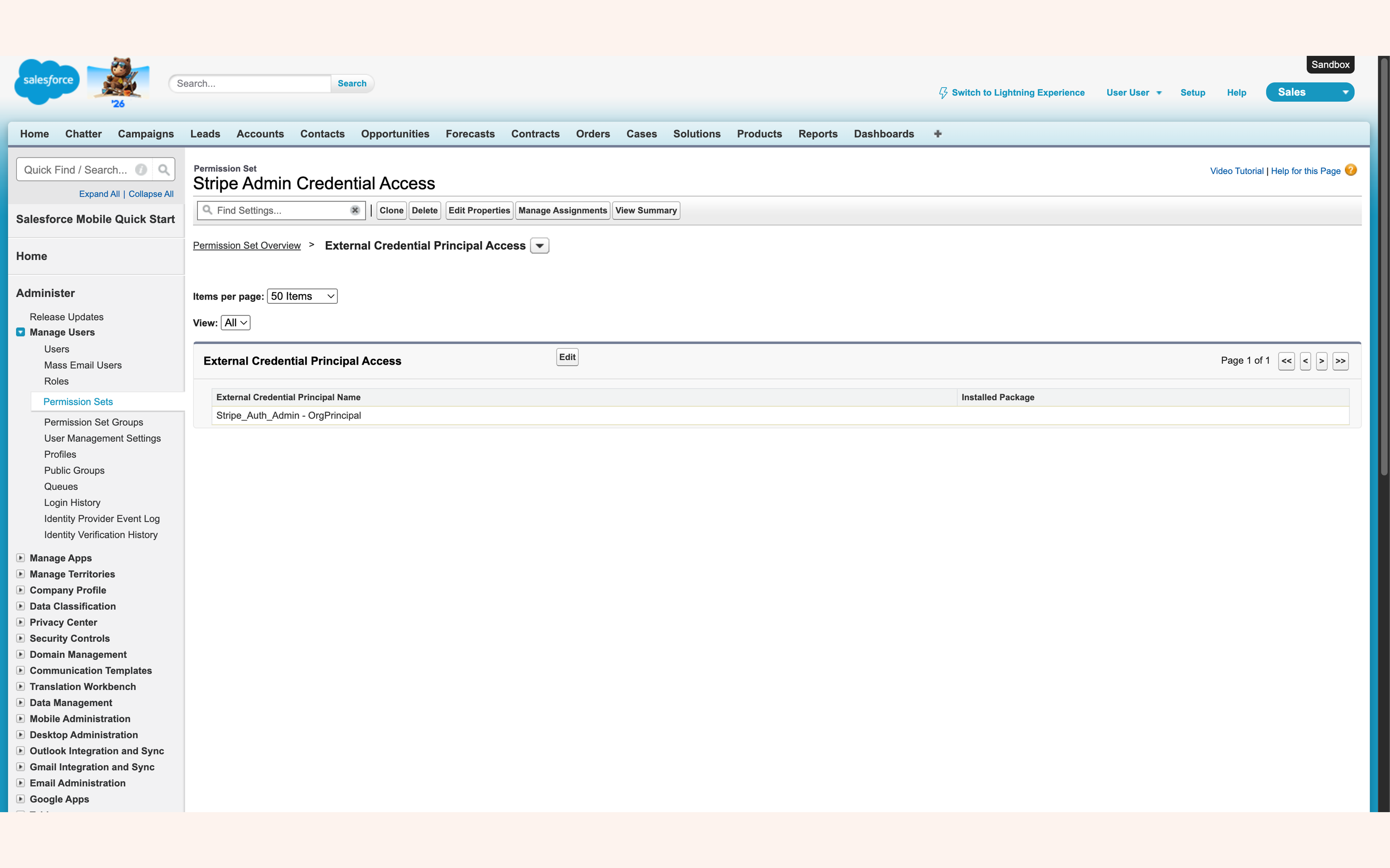 Permission set showing the enabled external credential principal