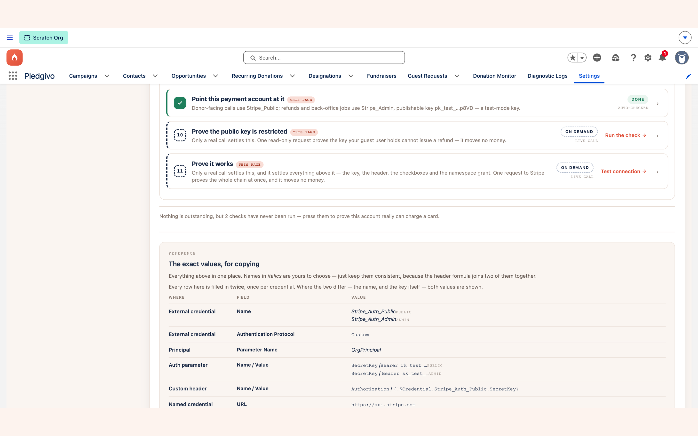 Stage 4 with the restricted-key check and the connection test
