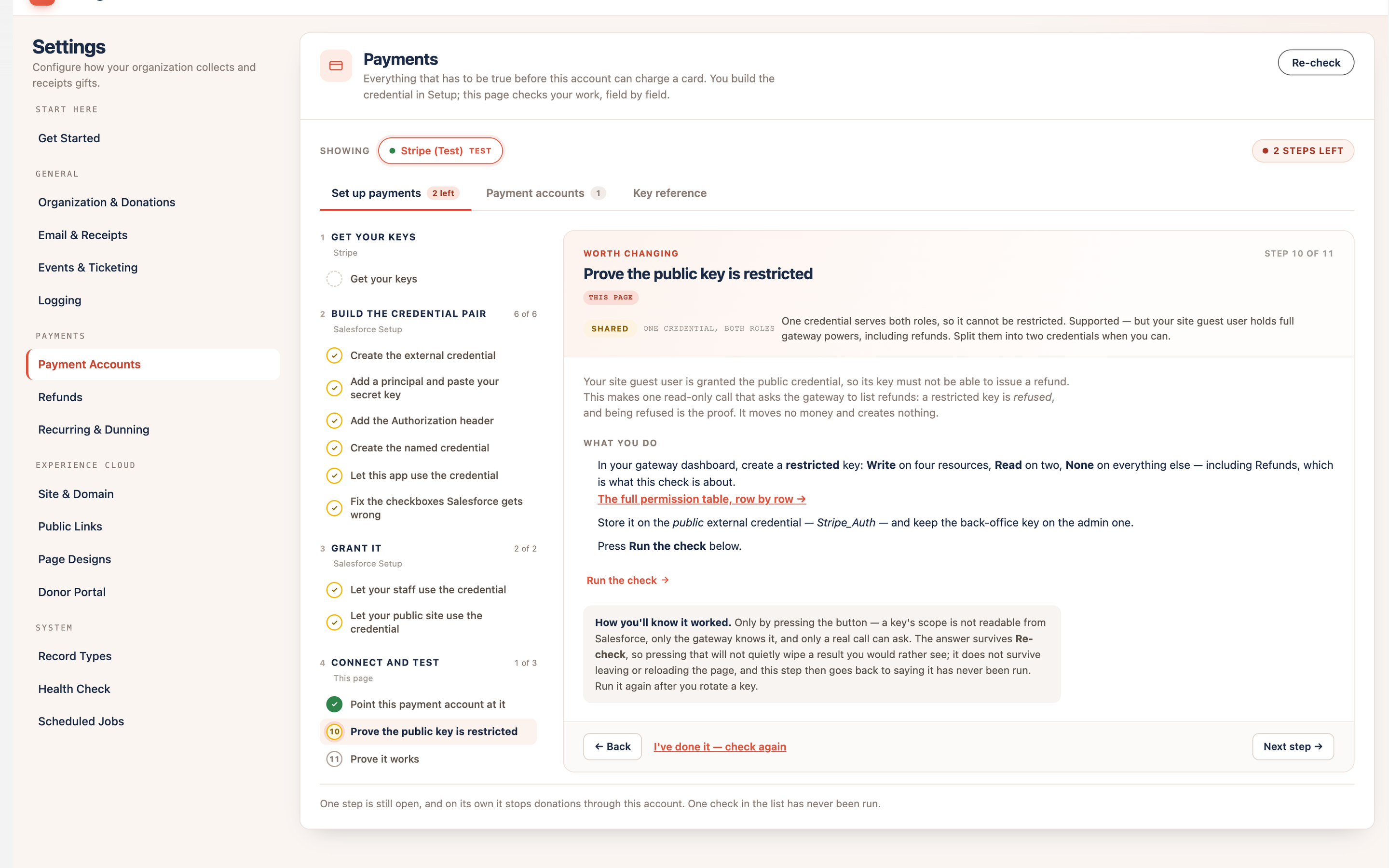 Payments panel with two steps left, before the connection test