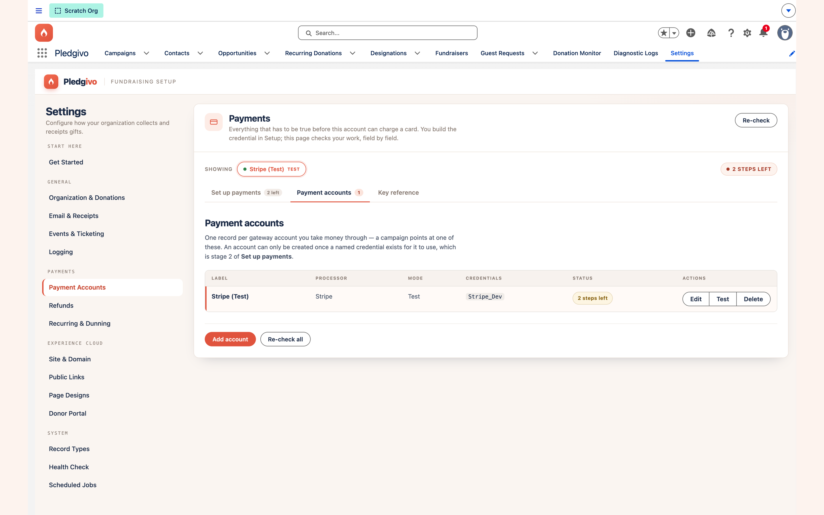 Payment accounts tab listing the configured account