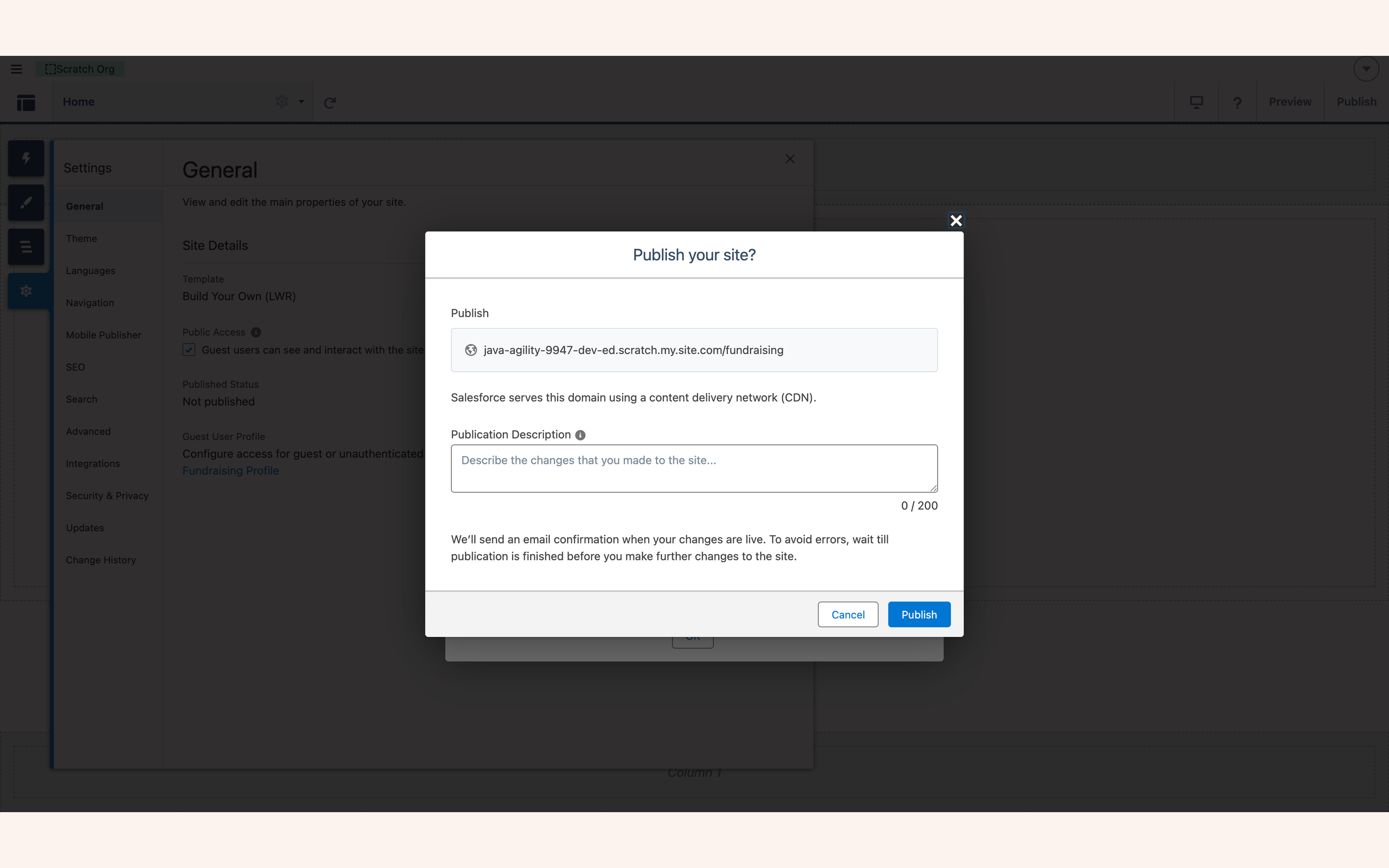 Experience Builder with the Publish button