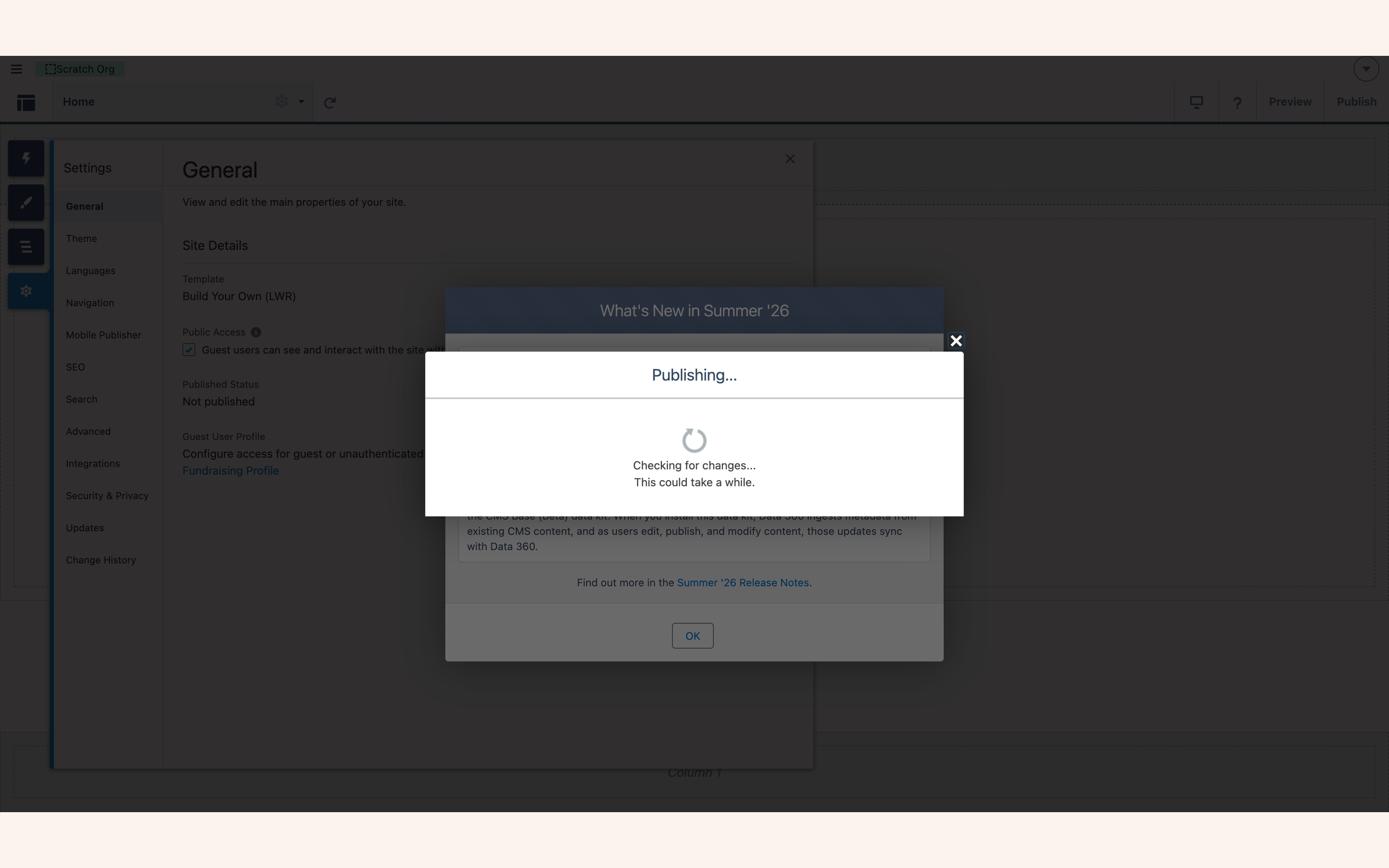 Publish confirmation dialog showing the live site URL