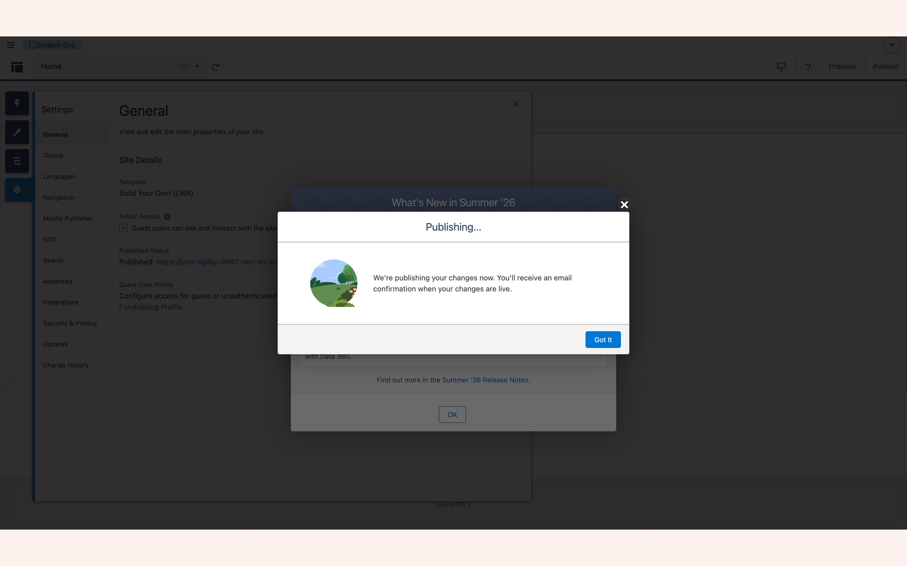 Publishing in progress confirmation