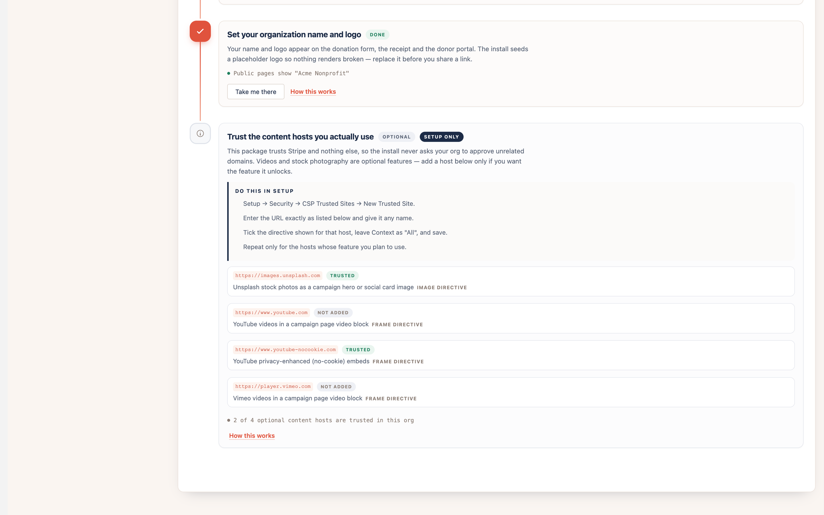 The optional third-party content step listing four hosts and which are trusted