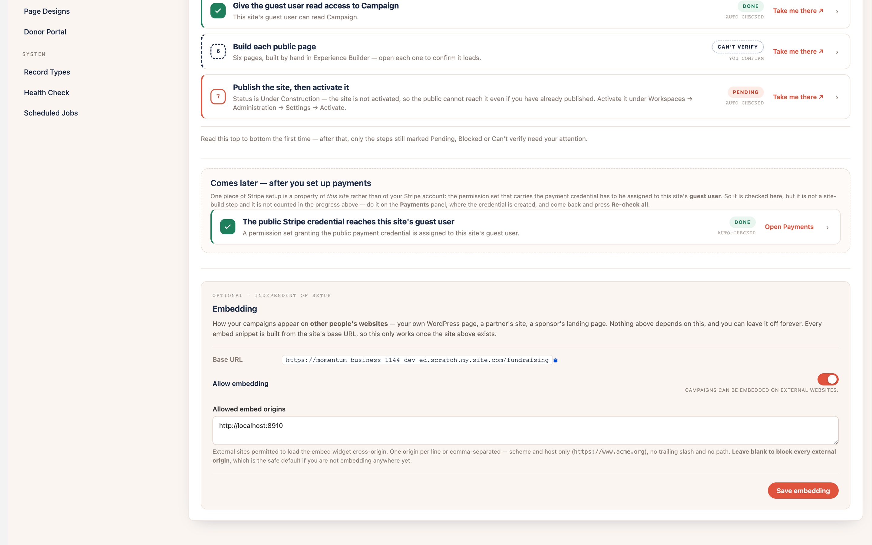 The Embedding block showing base URL, the embed switch and allowed origins
