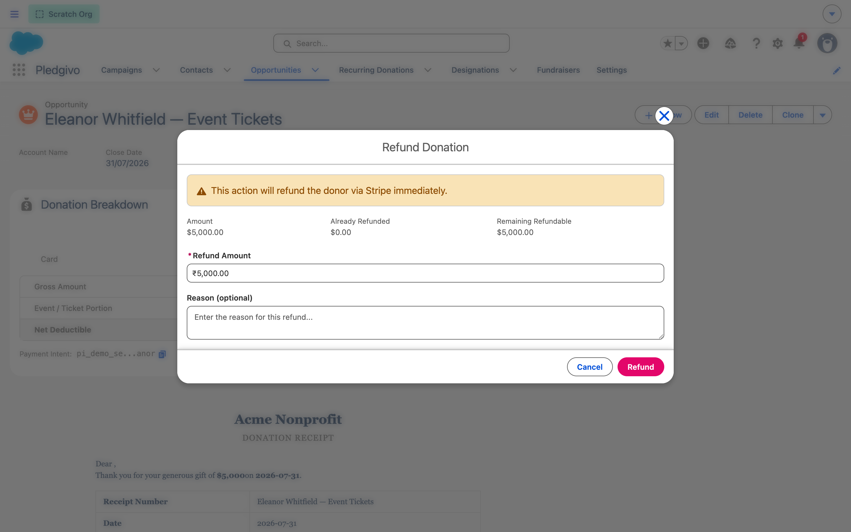 Refund Donation action panel