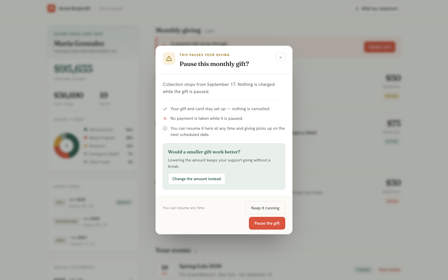 Pause monthly gift dialog