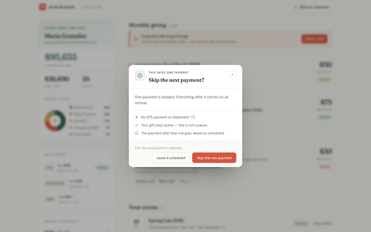 Skip next payment dialog