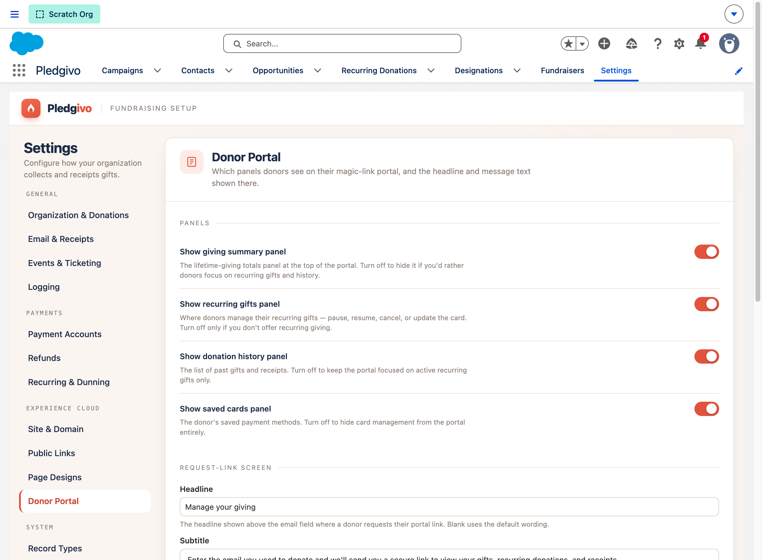 Donor Portal settings panel