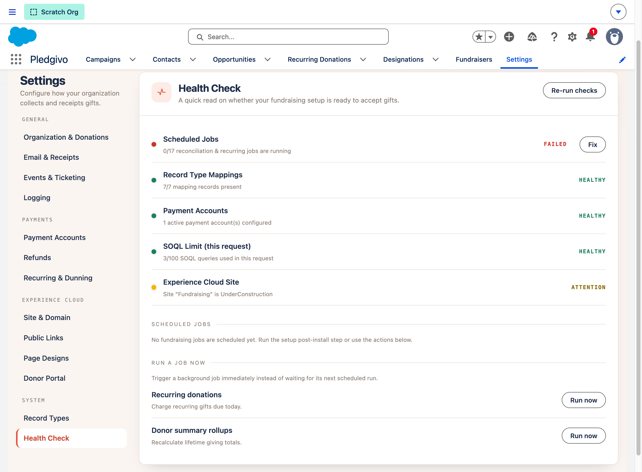 Health Check panel showing a mix of healthy, attention, and failed signals