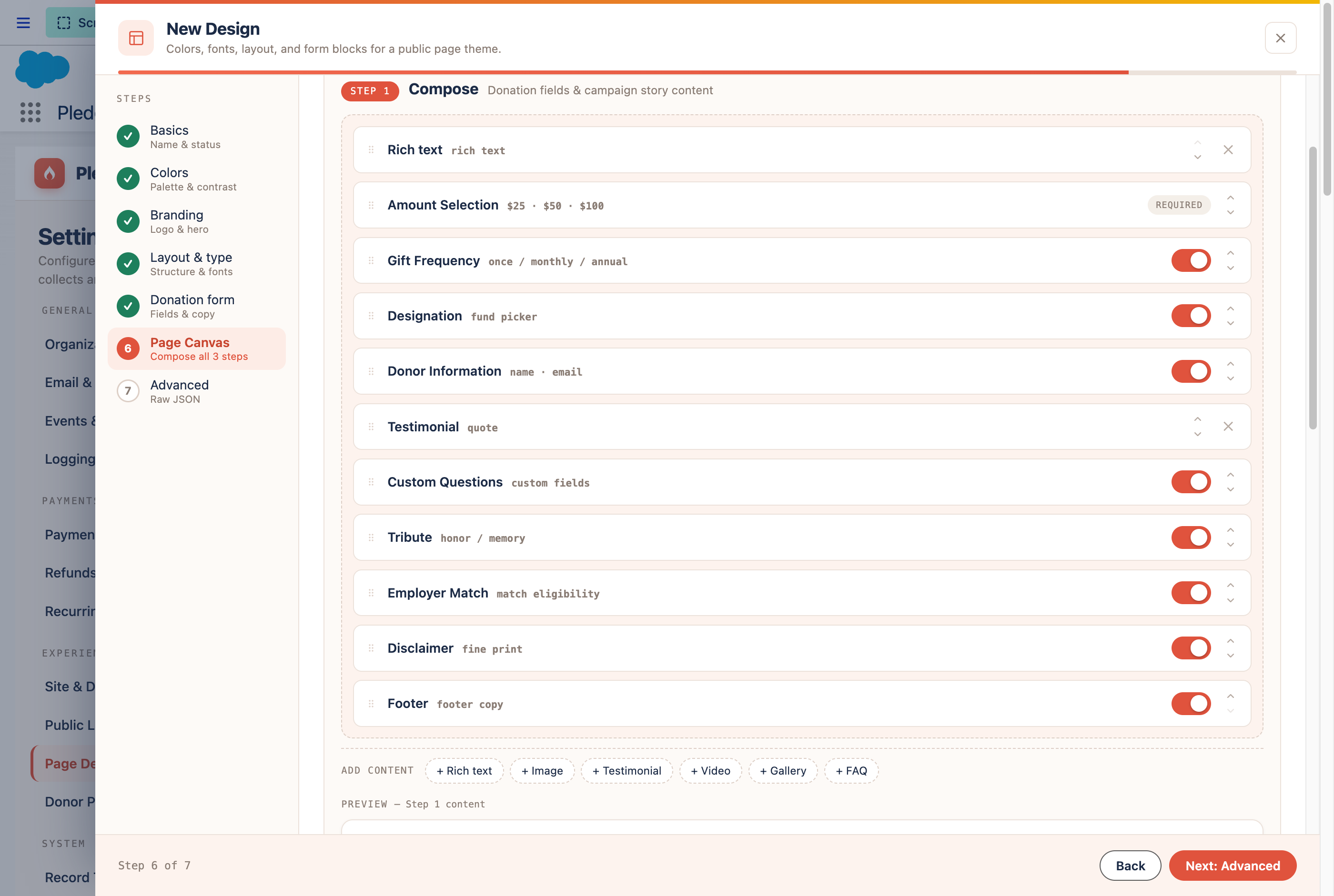 Page Canvas Compose step with amount, donor info, and testimonial blocks